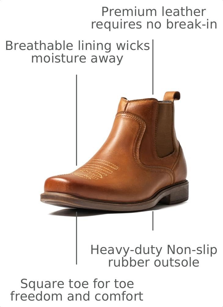 Cowboy Boots for Men Square Toe Leather Ankle Western Chelsea Slip On Boots E944