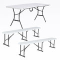 White Granite Fold-in-Half Table with 2 Folding Benches L22995