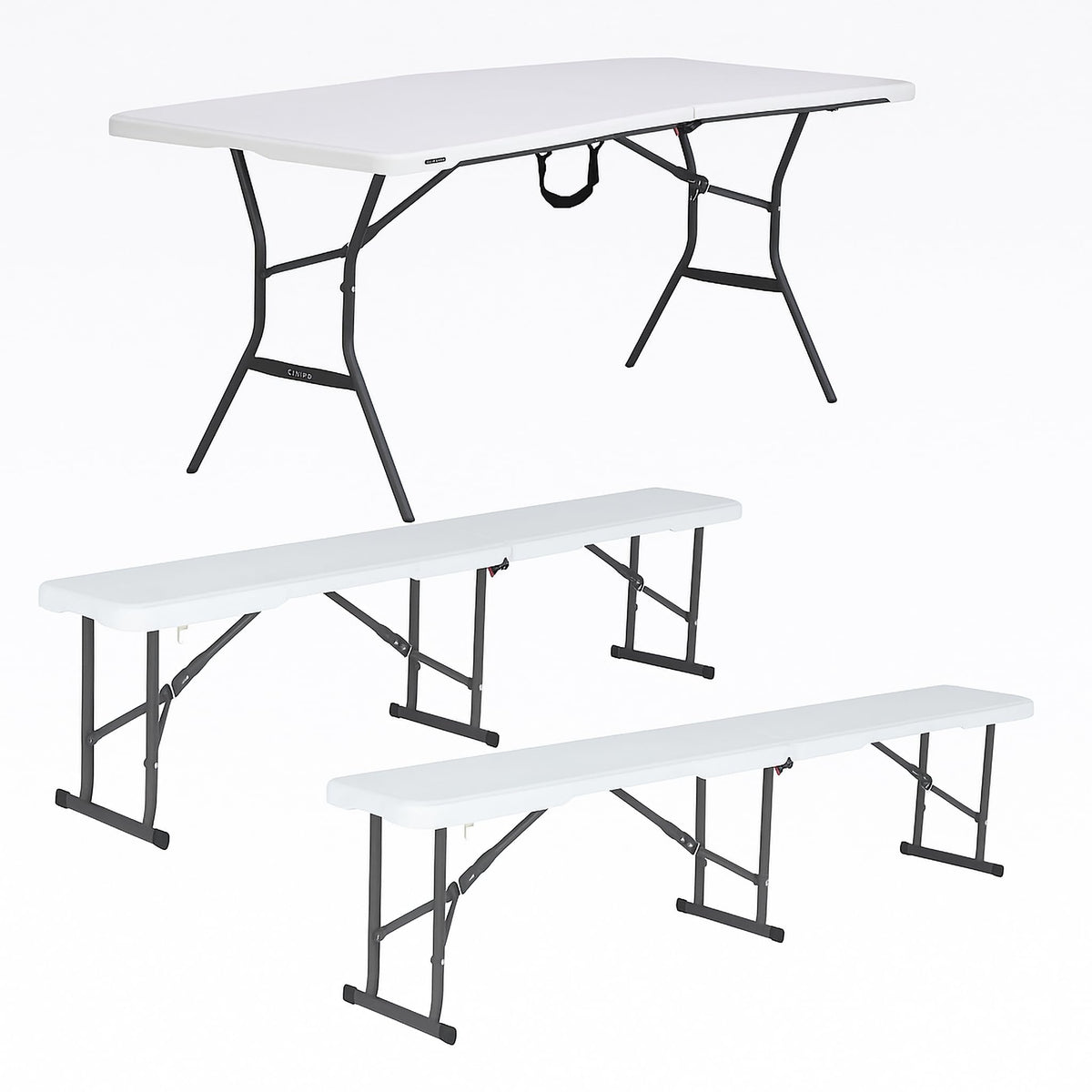 White Granite Fold-in-Half Table with 2 Folding Benches L22995