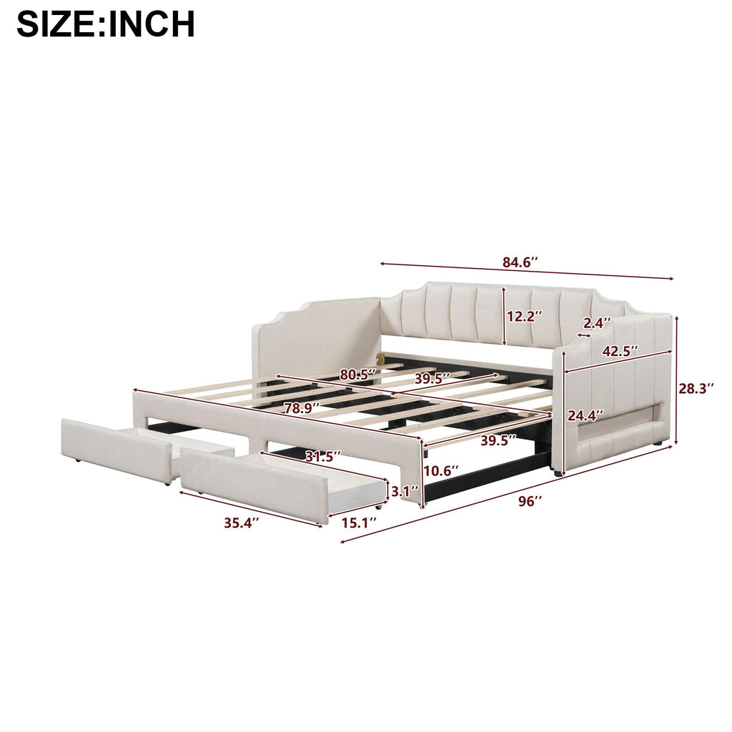 Twin XL to King Size Upholstered Daybed with Trundle and 2 Storage Drawers Y721340