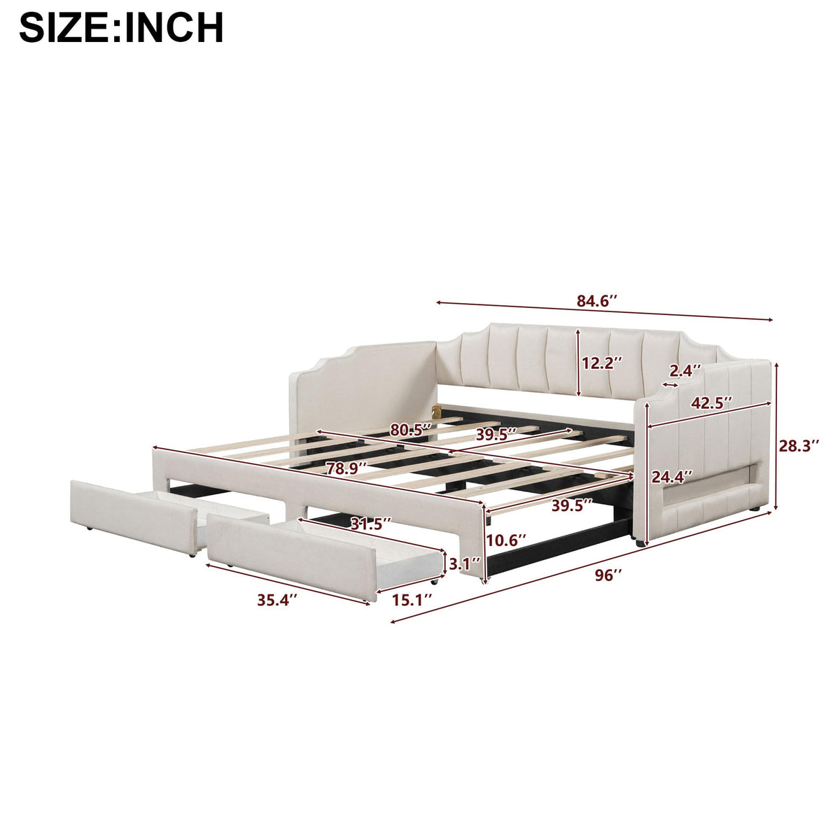 Twin XL to King Size Upholstered Daybed with Trundle and 2 Storage Drawers Y721340