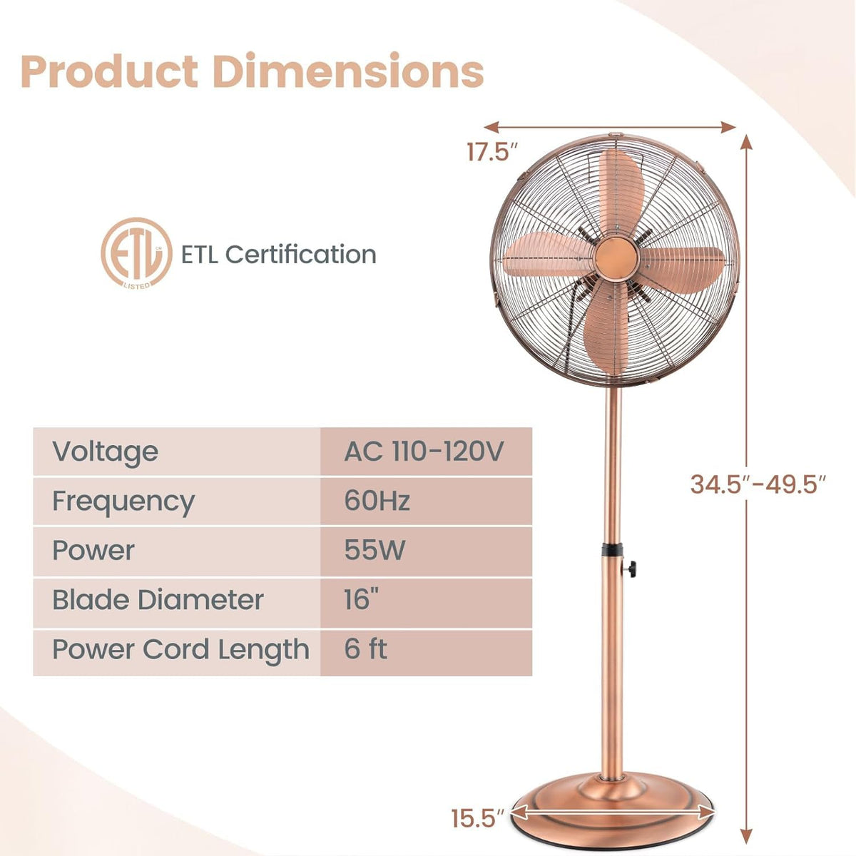 16'' Oscillating Pedestal Fan with 3 Speed H445