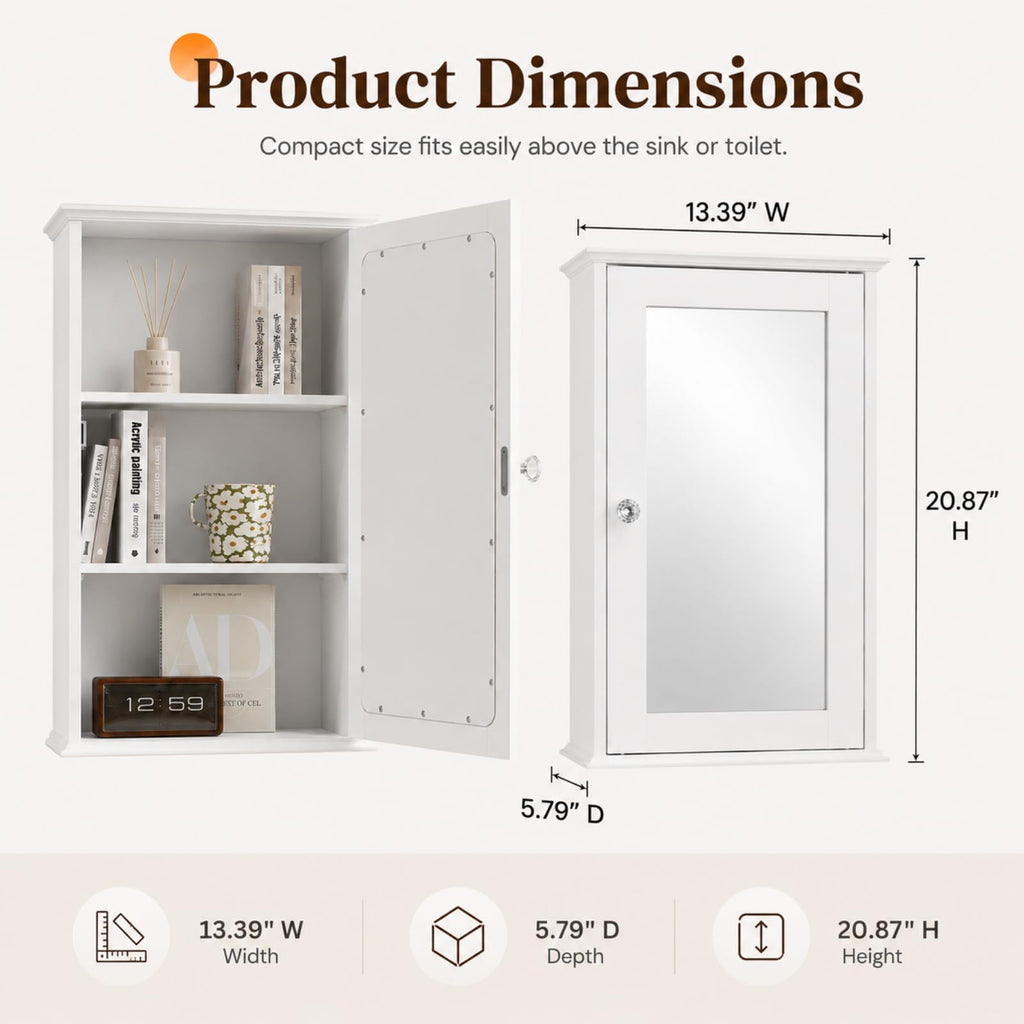 White Mirrored Medicine Cabinet with Single Door and 2 Adjustable Shelves W722