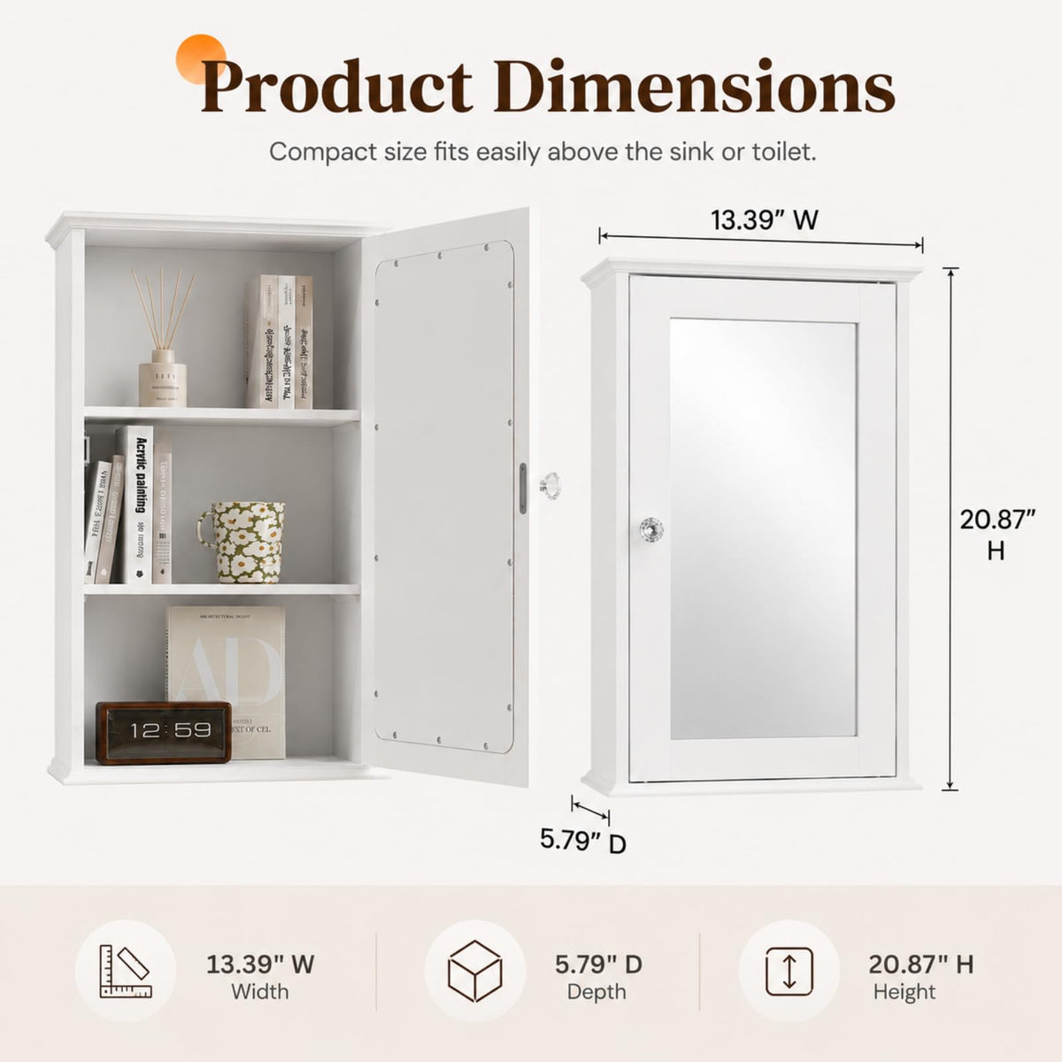White Mirrored Medicine Cabinet with Single Door and 2 Adjustable Shelves W722