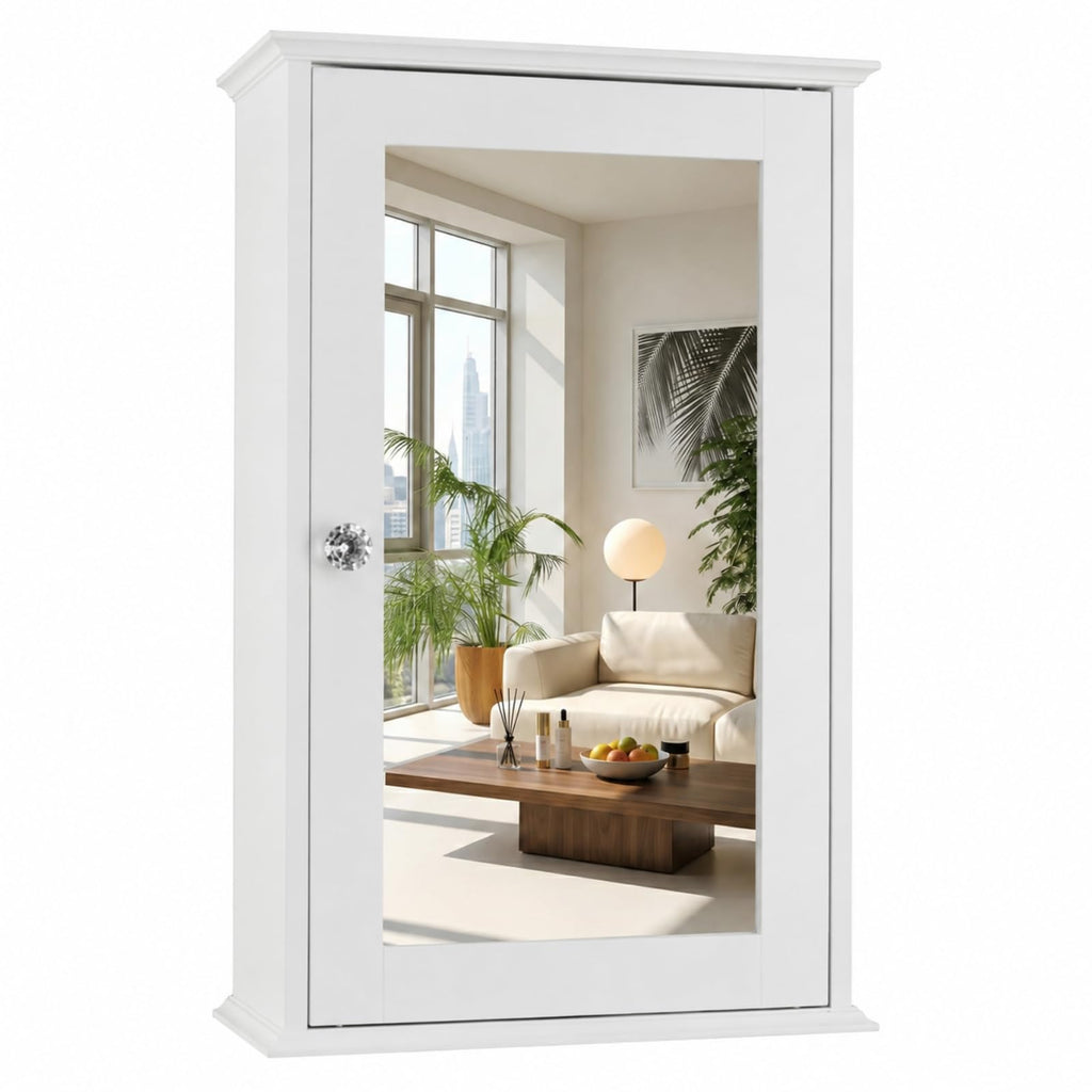 White Mirrored Medicine Cabinet with Single Door and 2 Adjustable Shelves W722