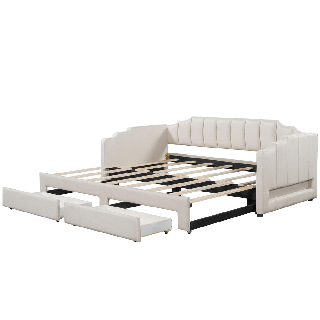 Twin XL to King Size Upholstered Daybed with Trundle and 2 Storage Drawers Y721340
