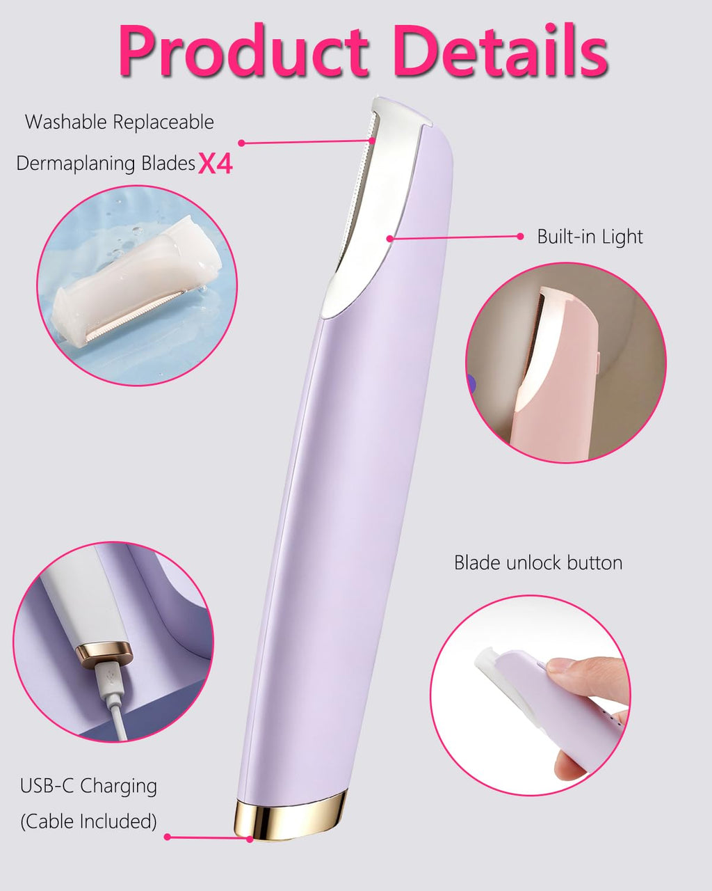 Sonic Facial Hair Remover with LED Light, 4 Replacement Blades D9486