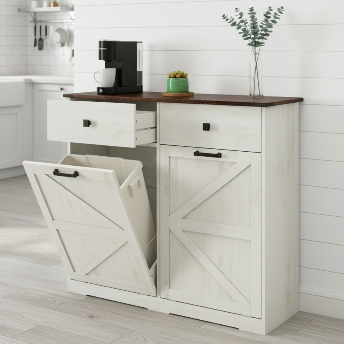 20 Gallon Double Tilt-Out Trash Can Cabinet White R2991
