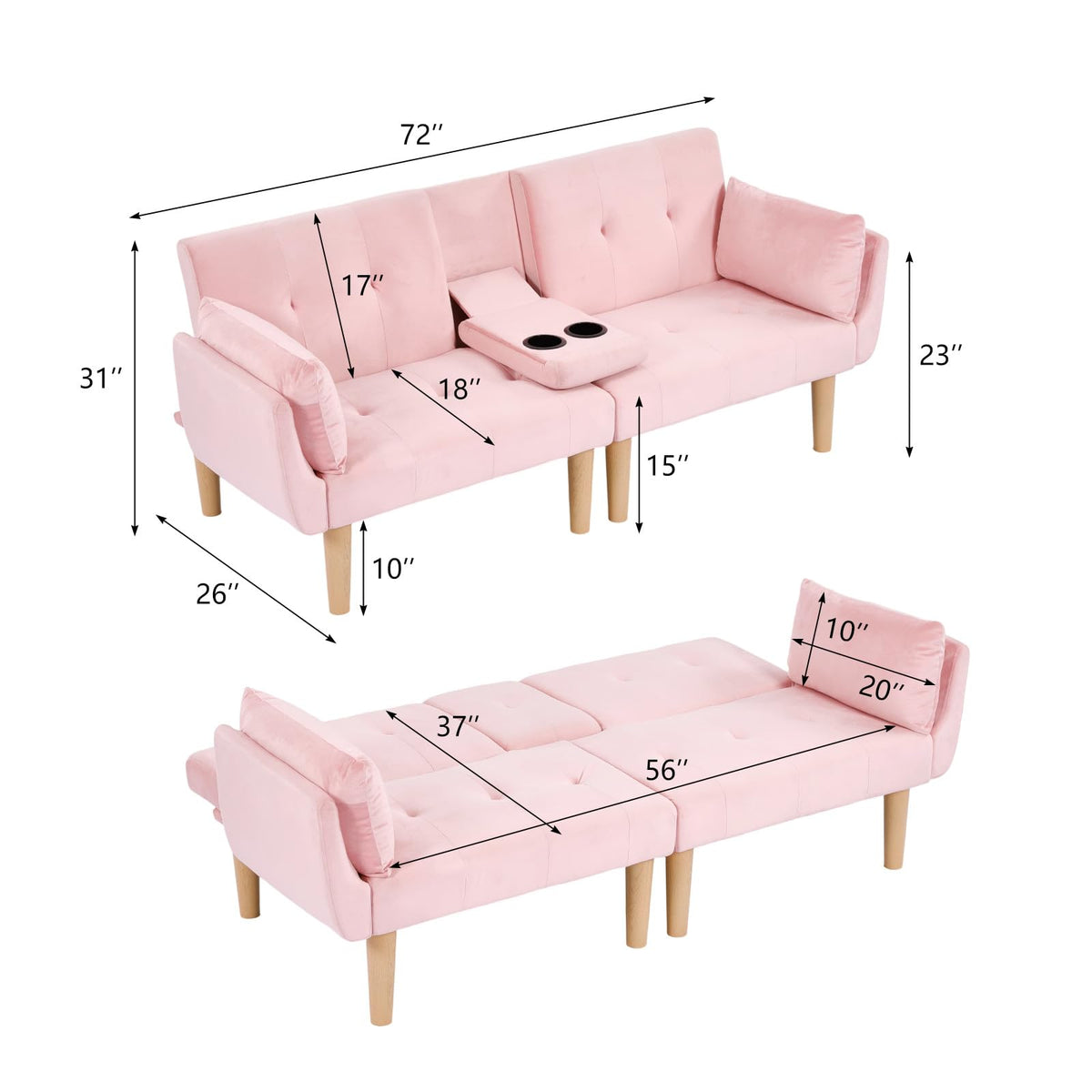 Light Pink Velvet Futon Sofa Bed K3267