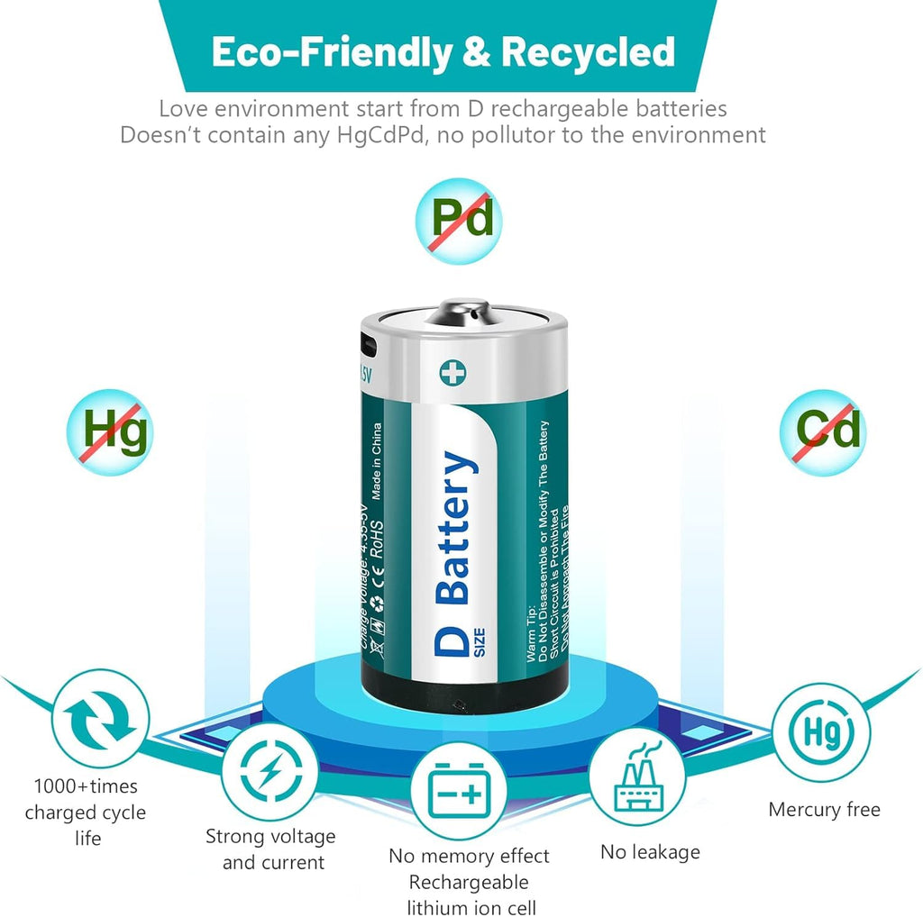 D Size Rechargeable Lithium Batteries with USB-C Charging Cable F8728