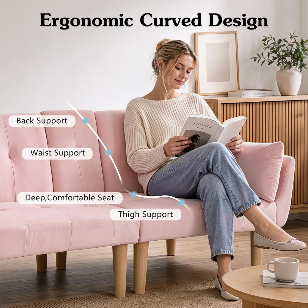 Light Pink Velvet Futon Sofa Bed K3267