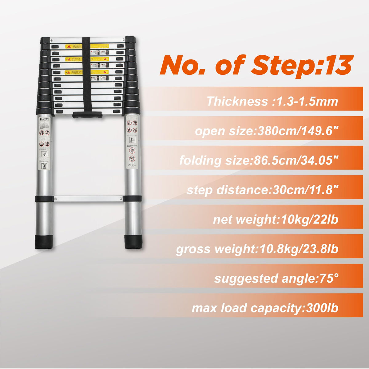 12.5FT Aluminum Telescoping Ladder 300 lbs C391