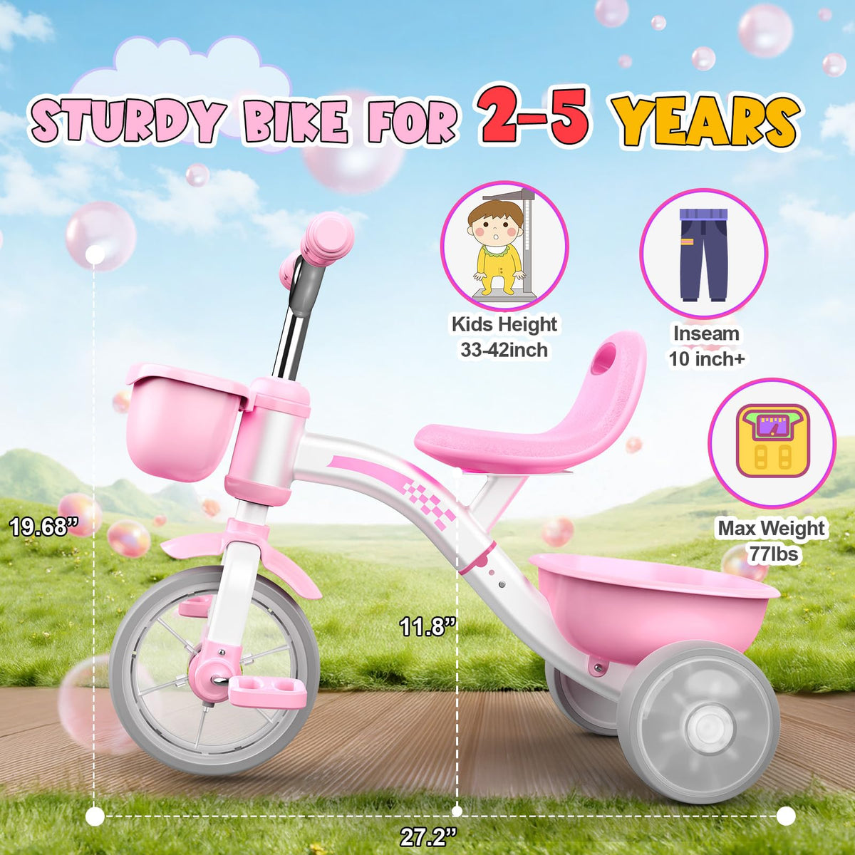 Pink Toddler Tricycle with Adjustable Seat and Light Wheels O5966