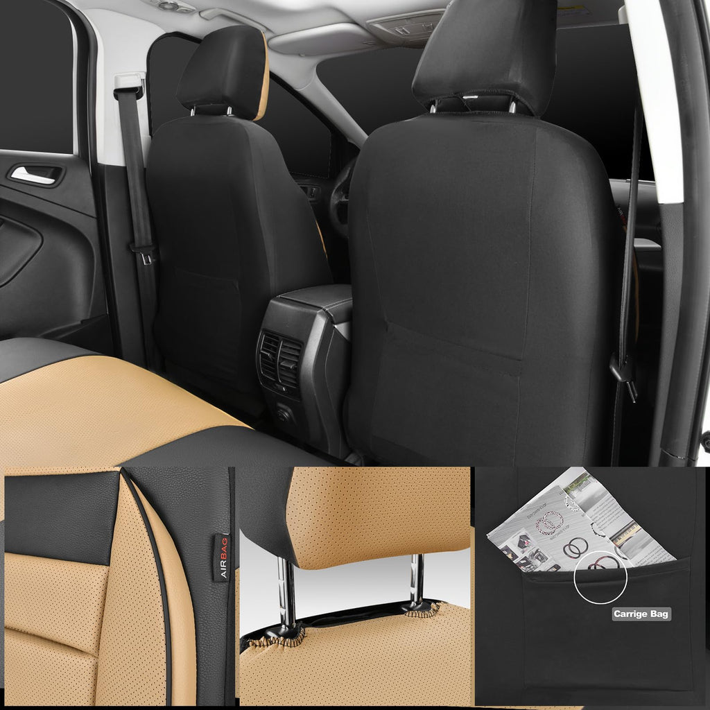 Leather Seat Covers Full Set Universal Water Resistant Beige Black I607508