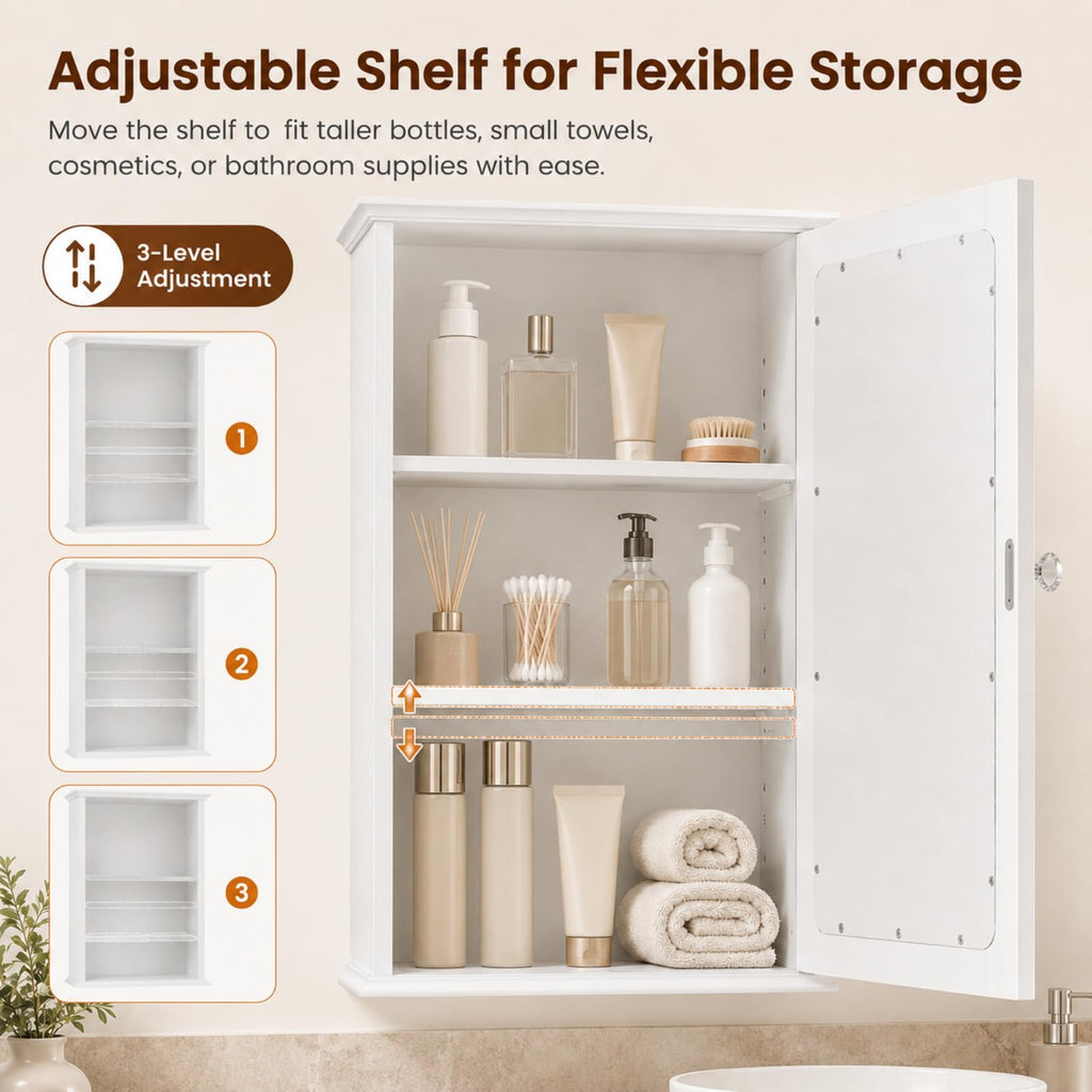 White Mirrored Medicine Cabinet with Single Door and 2 Adjustable Shelves W722