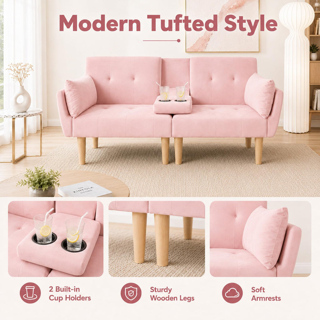 Light Pink Velvet Futon Sofa Bed K3267