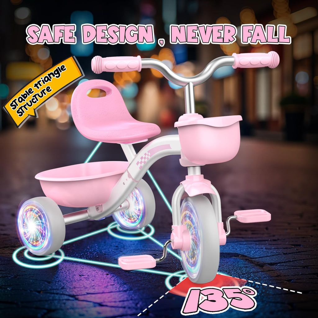 Pink Toddler Tricycle with Adjustable Seat and Light Wheels O5966