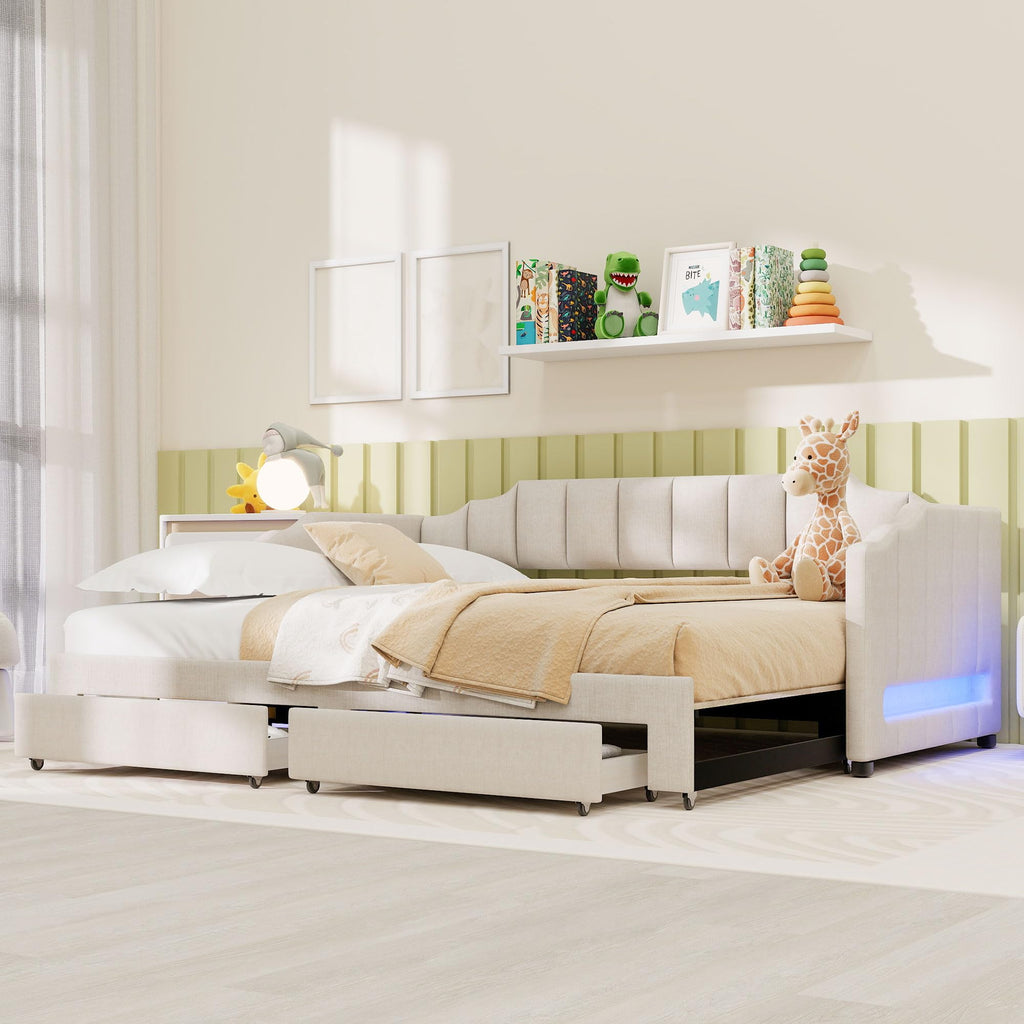 Twin XL to King Size Upholstered Daybed with Trundle and 2 Storage Drawers Y721340