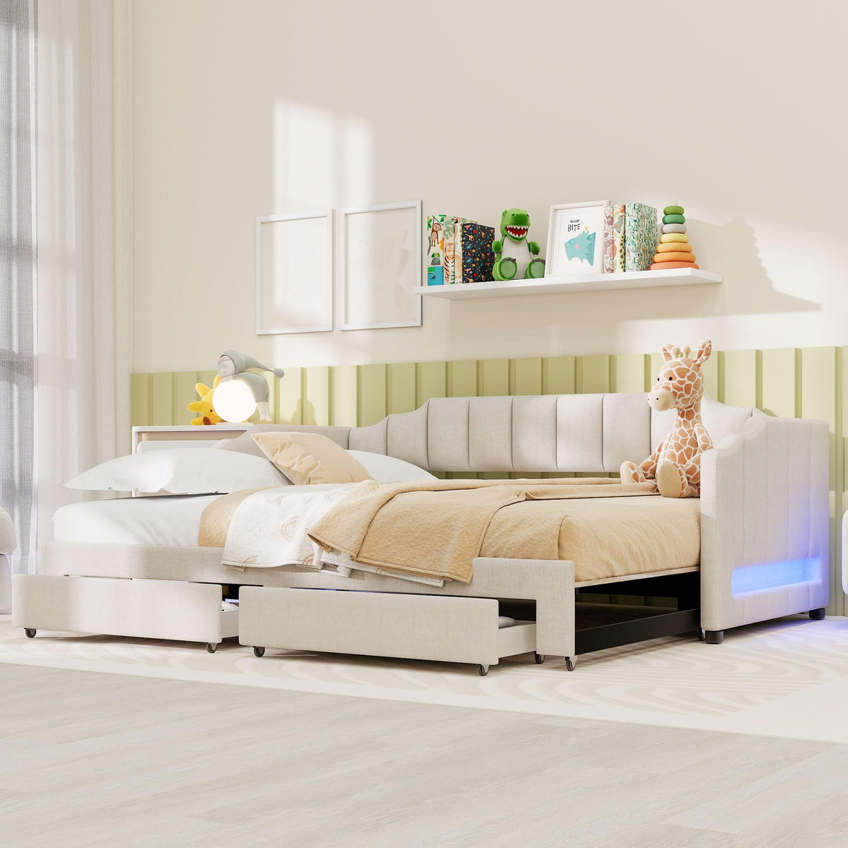 Twin XL to King Size Upholstered Daybed with Trundle and 2 Storage Drawers Y721340