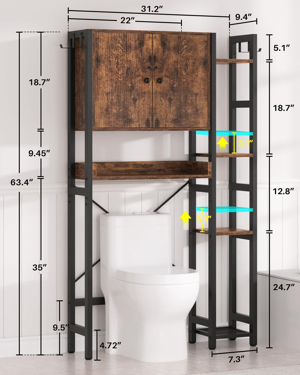 Over The Toilet Storage Cabinet with Doors, 7 Tier Bathroom Organizer with Adjustable Shelf K62426