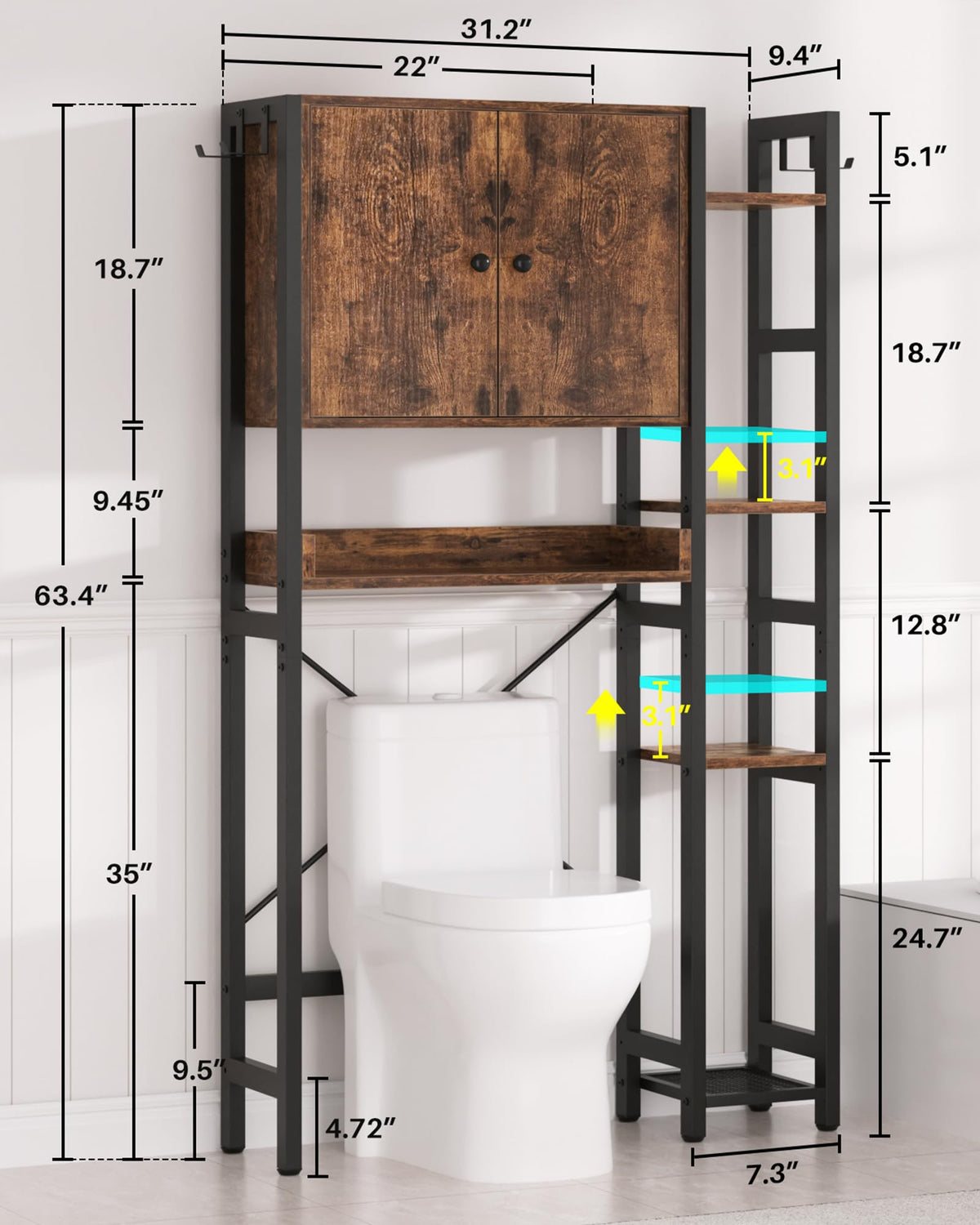 Over The Toilet Storage Cabinet with Doors, 7 Tier Bathroom Organizer with Adjustable Shelf K62426