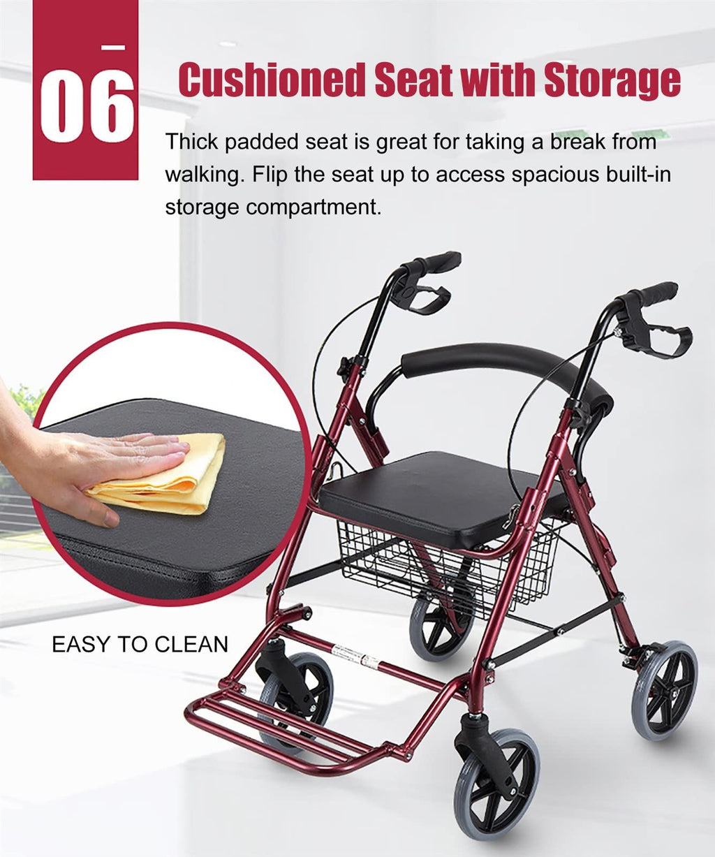 Red Folding Rollator with Seat and Basket I3317