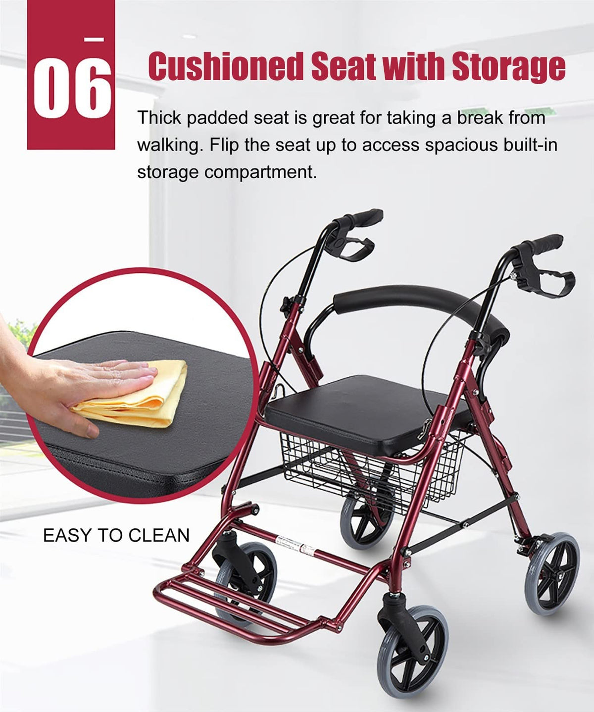 Red Folding Rollator with Seat and Basket I3317