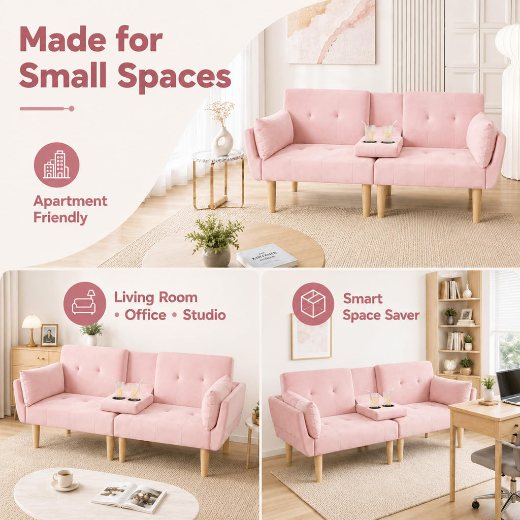 Light Pink Velvet Futon Sofa Bed K3267
