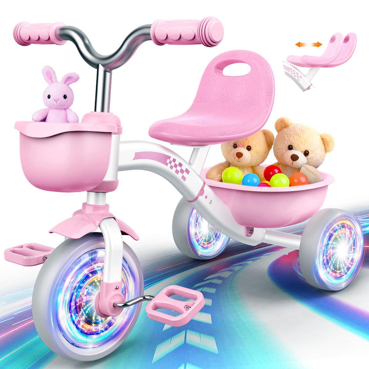 Pink Toddler Tricycle with Adjustable Seat and Light Wheels O5966