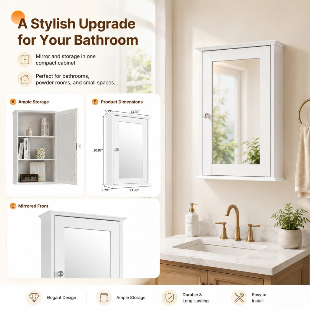 White Mirrored Medicine Cabinet with Single Door and 2 Adjustable Shelves W722