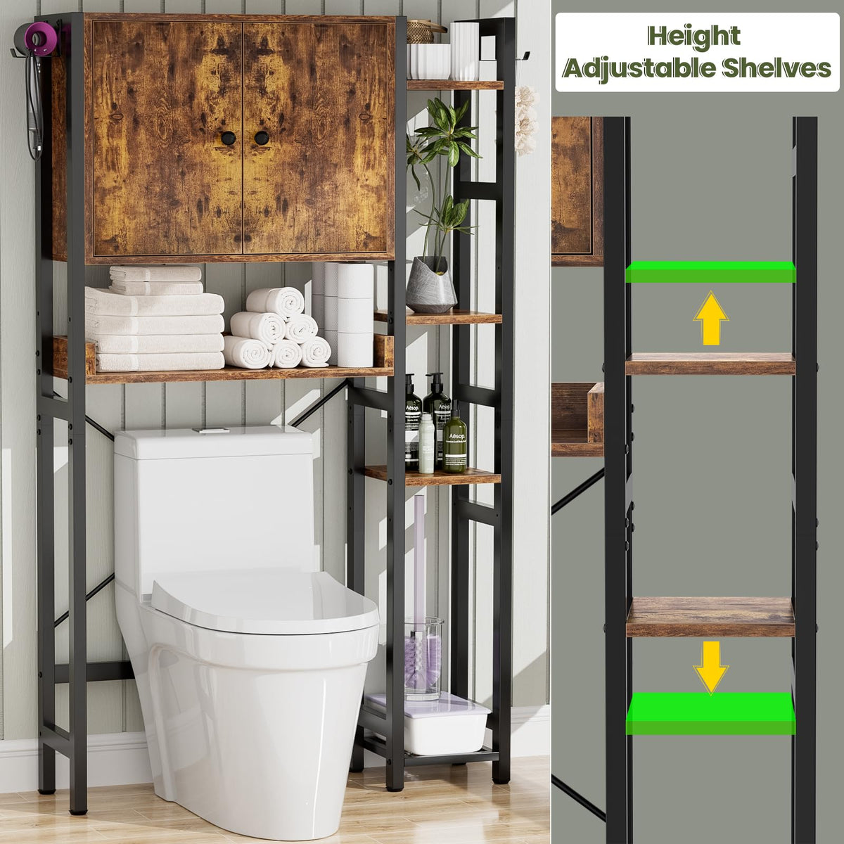 Over The Toilet Storage Cabinet with Doors, 7 Tier Bathroom Organizer with Adjustable Shelf K62426