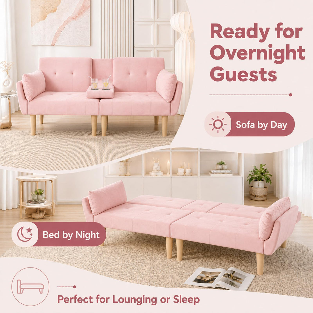 Light Pink Velvet Futon Sofa Bed K3267