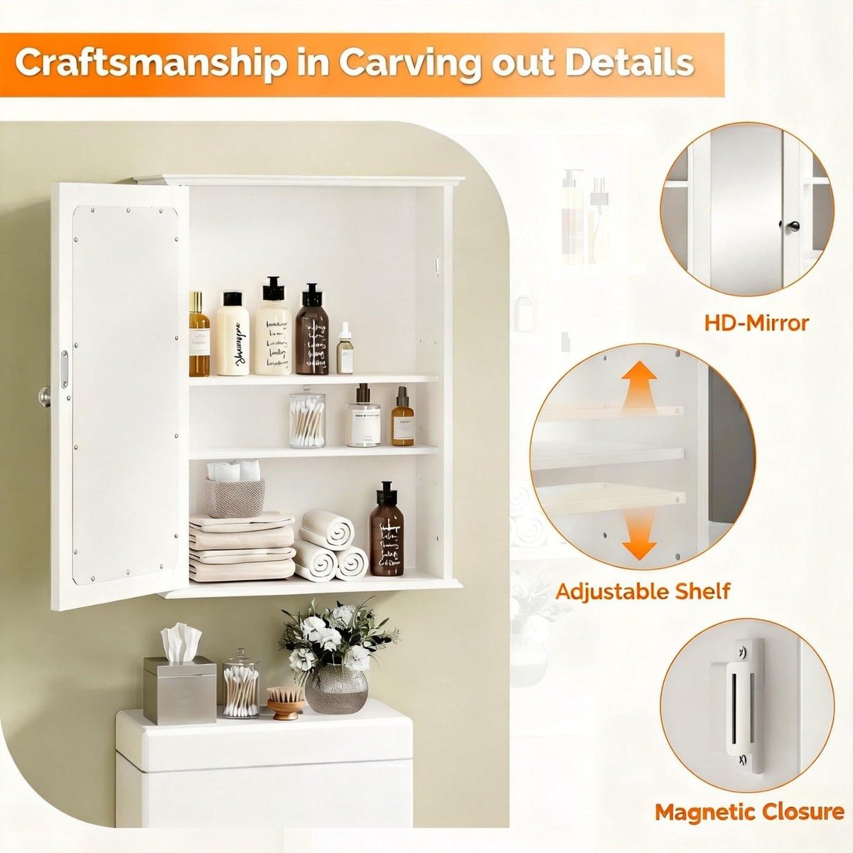 White Mirrored Medicine Cabinet with Single Door and 2 Adjustable Shelves W722