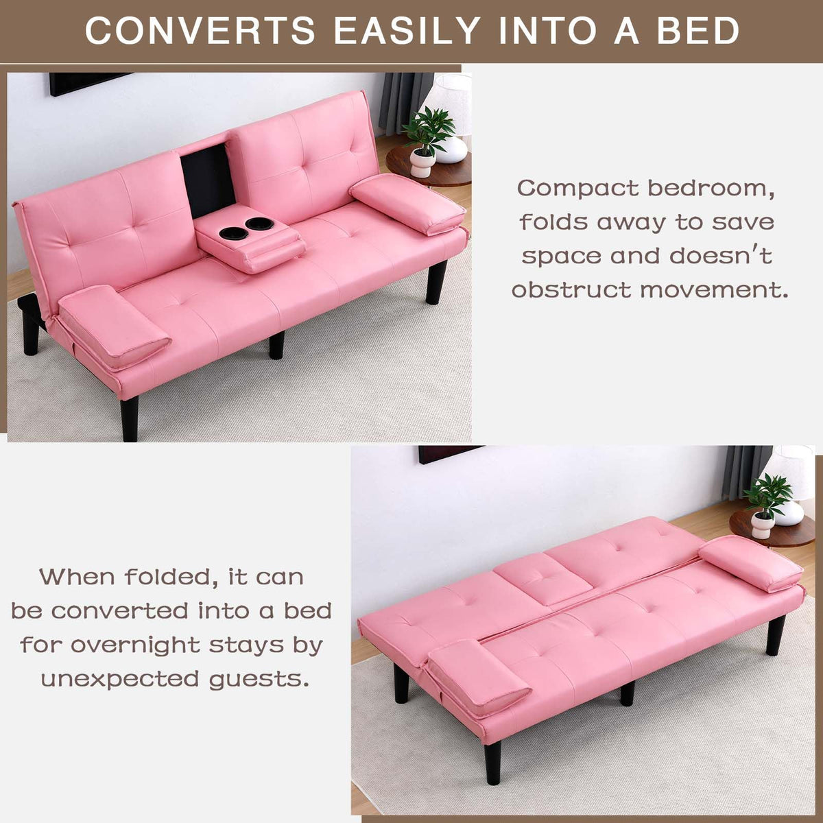 67" Convertible Futon Sofa Bed with 2 Cup Holders K5698