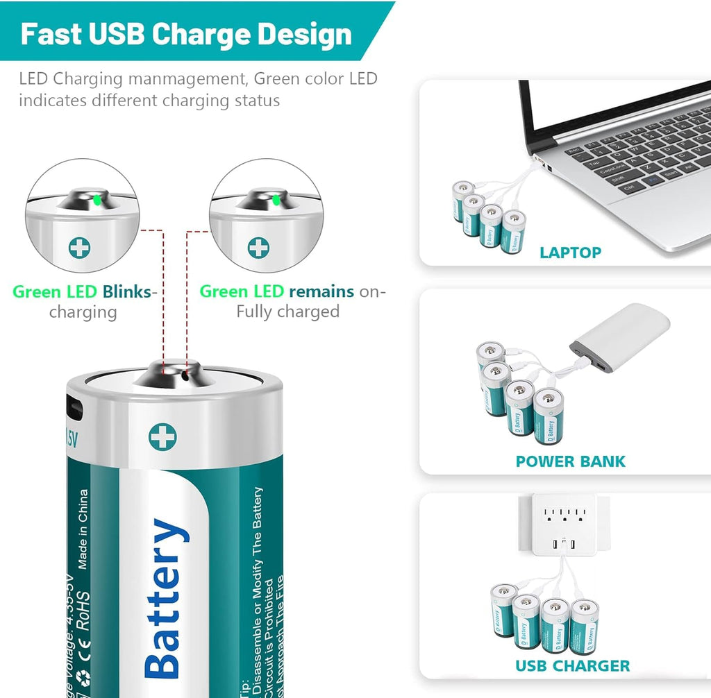 D Size Rechargeable Lithium Batteries with USB-C Charging Cable F8728