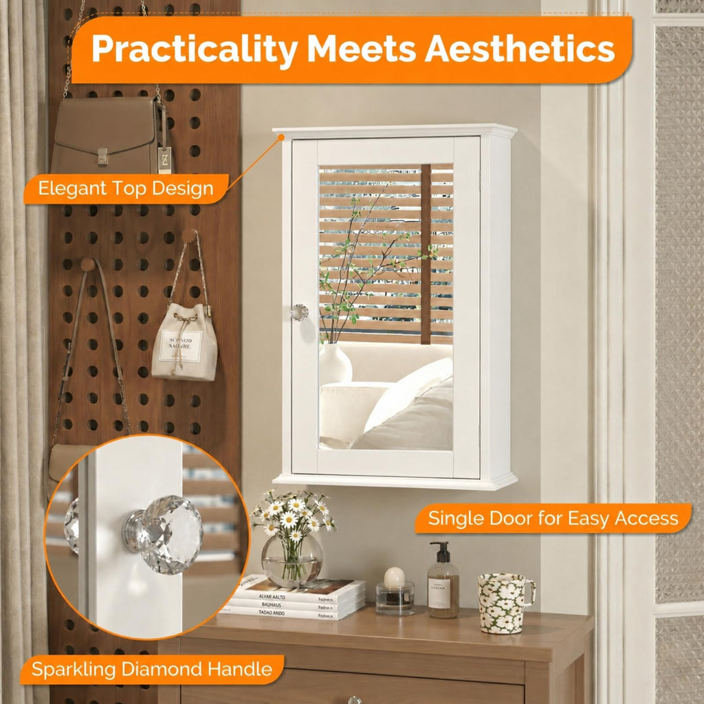White Mirrored Medicine Cabinet with Single Door and 2 Adjustable Shelves W722