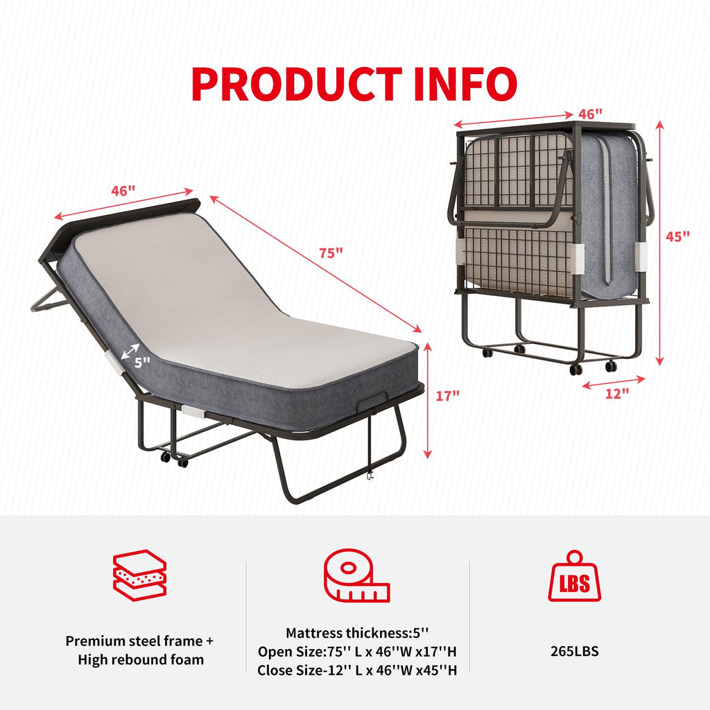 Folding Bed with 5" Memory Foam Mattress and 4 Lockable Wheels Q320285