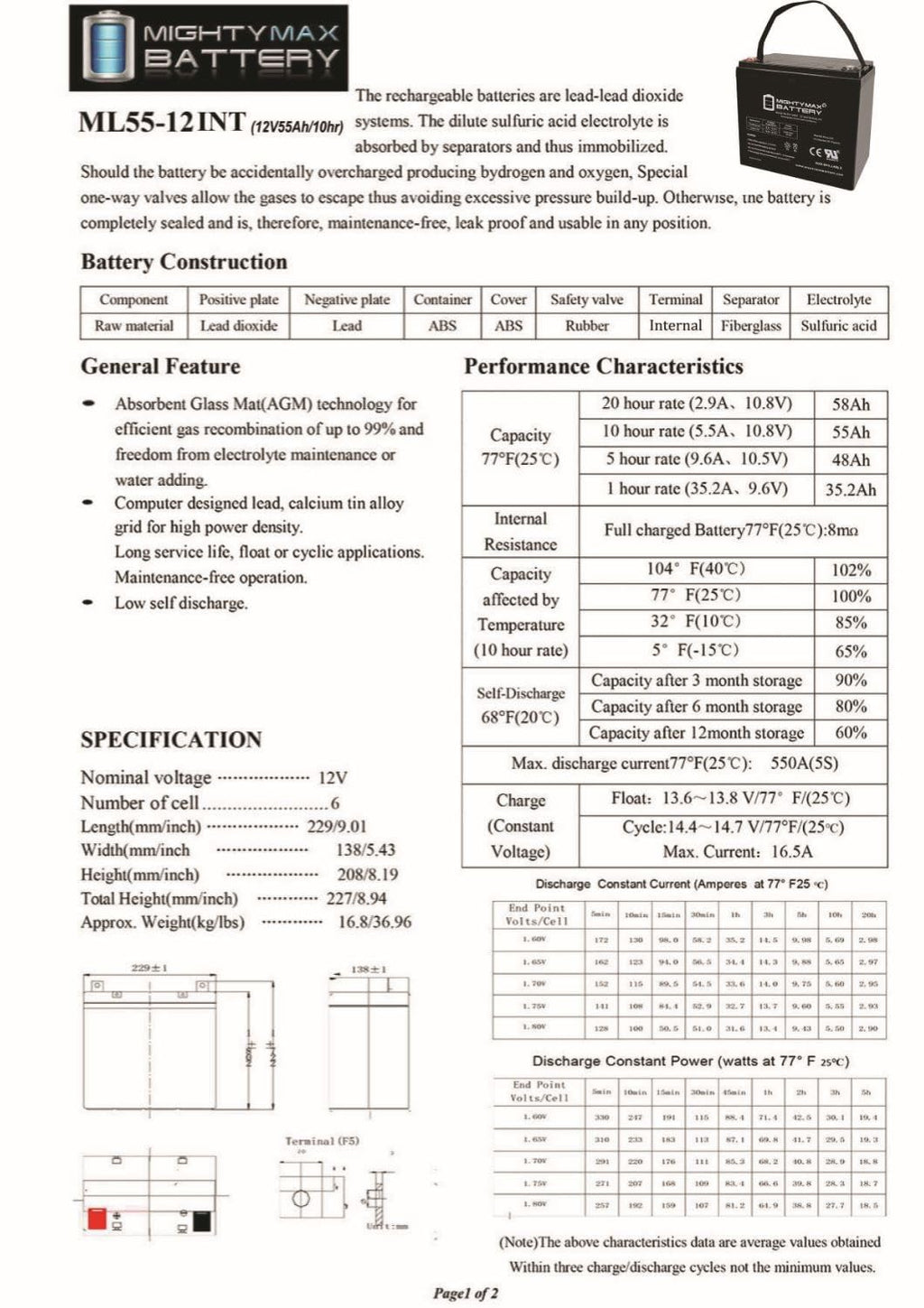 12V 55AH AGM Car and Truck Battery U2369