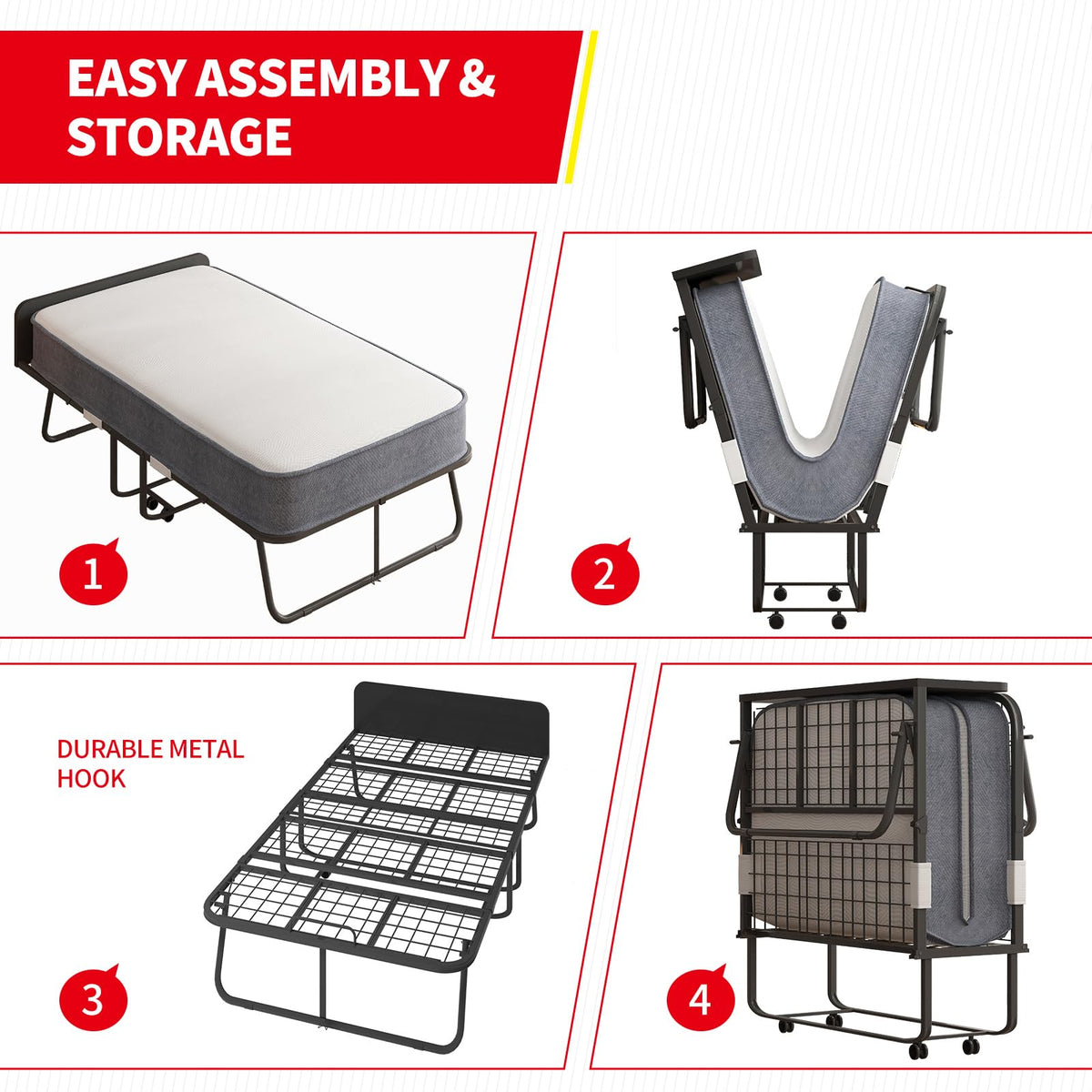 Folding Bed with 5" Memory Foam Mattress and 4 Lockable Wheels Q320285