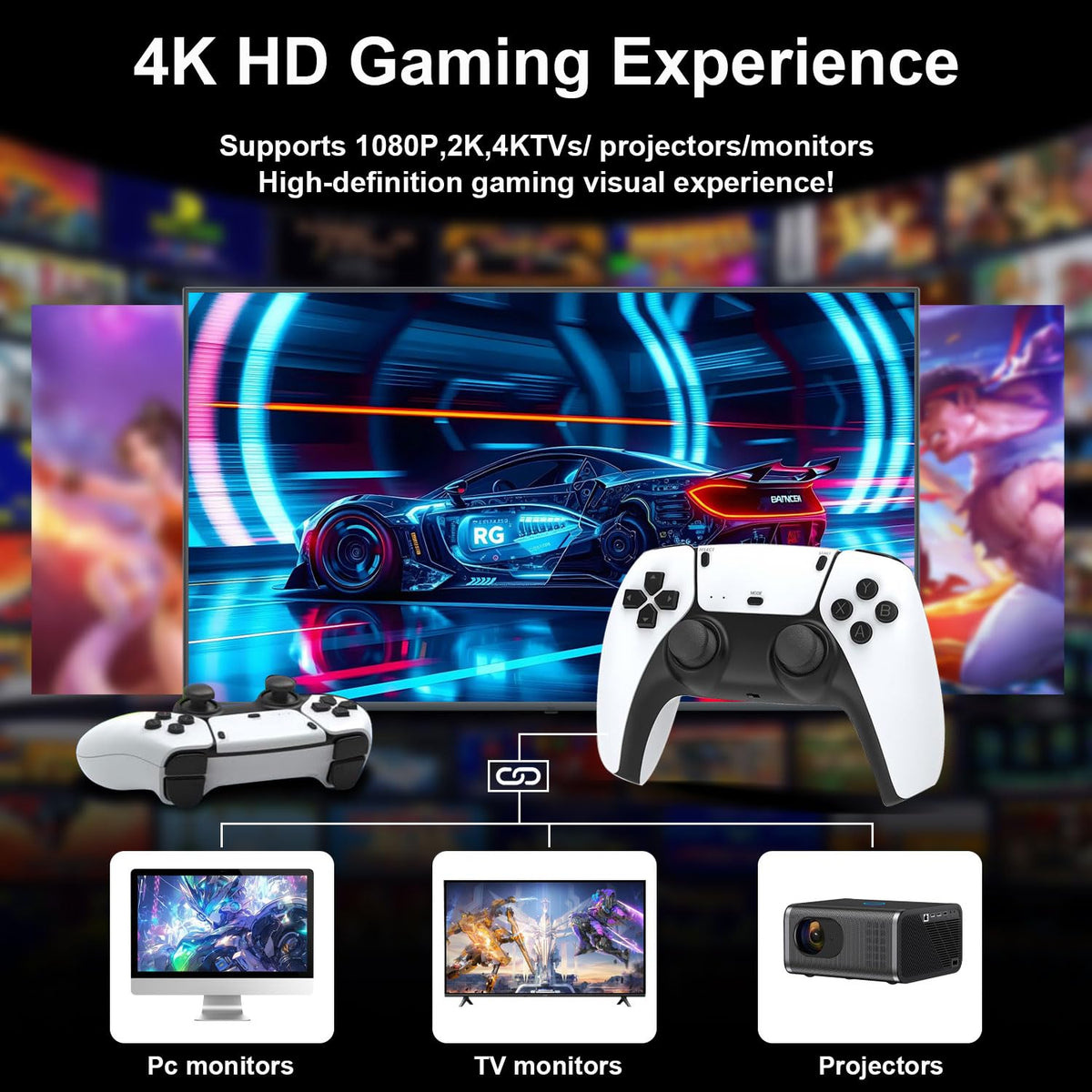 4K HDMI Retro Gaming Console with 64GB TF Card and 2.4G Wireless Controllers H49207