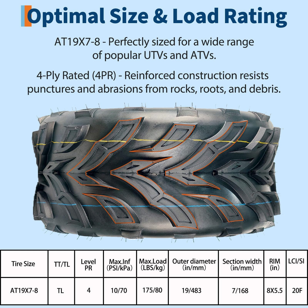 2 Pack 19x7-8 ATV Tires 4PR Tubeless All Terrain Q5485