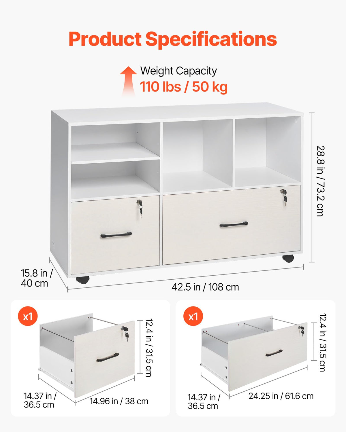White 2 Drawer Wooden Lockable Mobile File Cabinet T606112