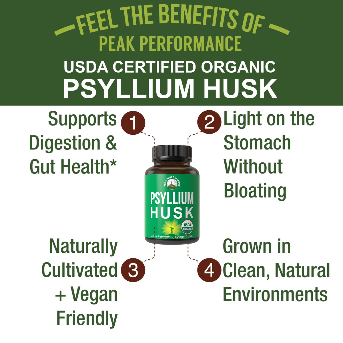 Organic Psyllium Husk Vegan Capsules Fiber Supplement I267