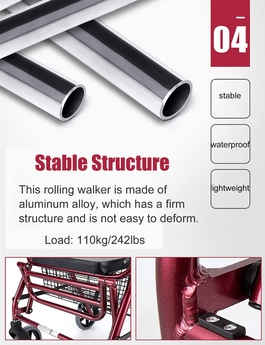 Red Folding Rollator with Seat and Basket I3317