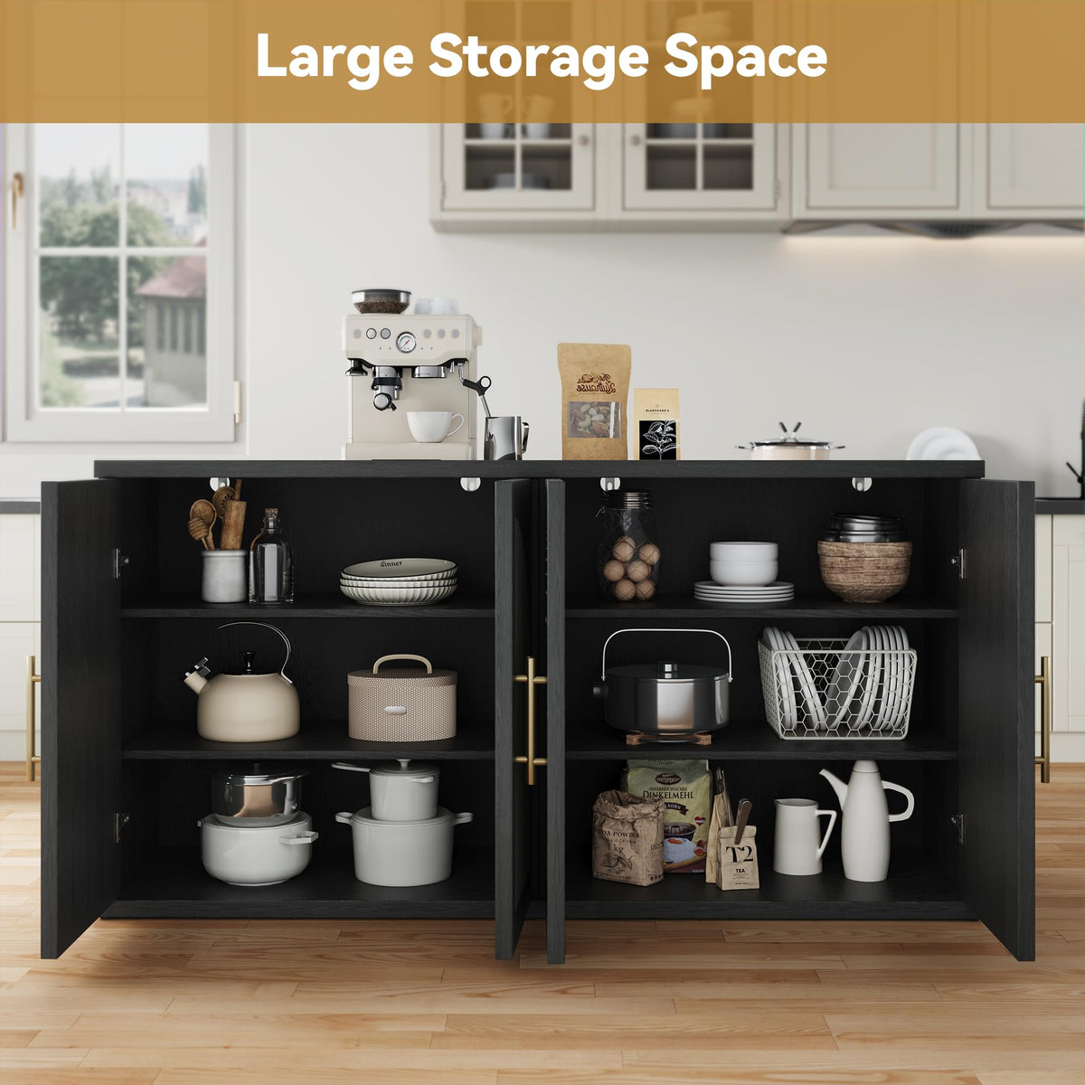 63" Black Wood Buffet Cabinet with Storage V36049