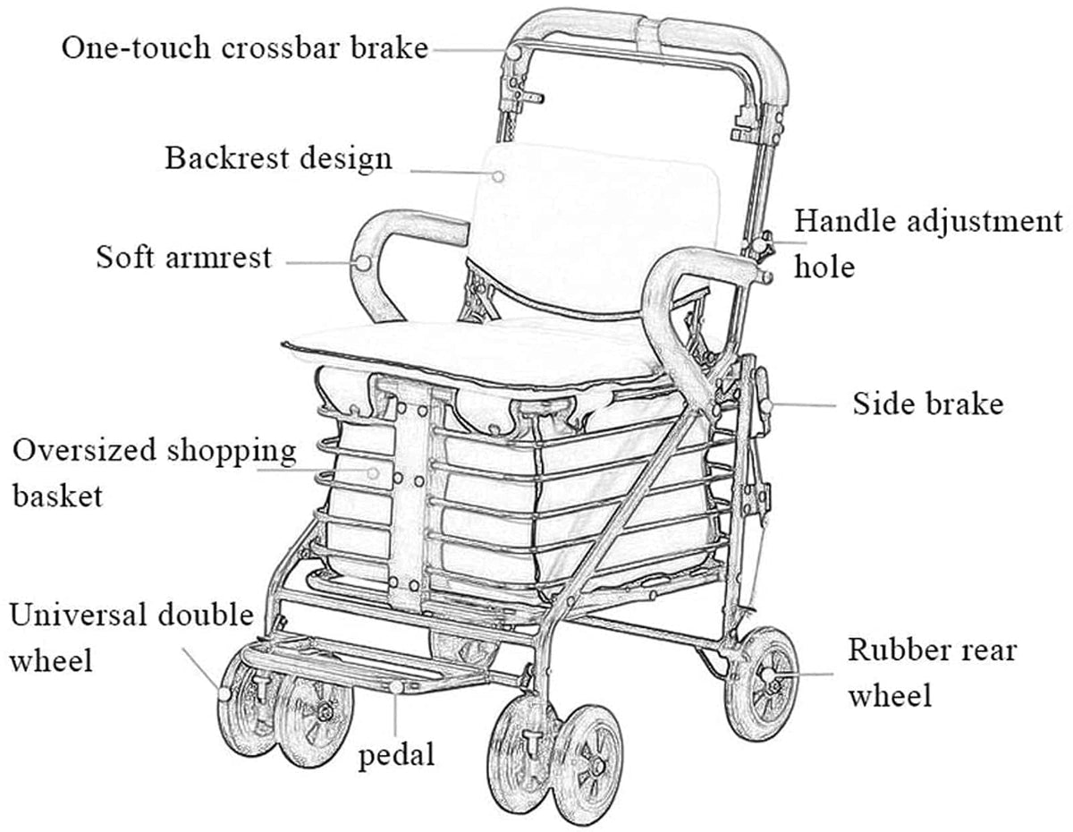 Rollator Walker Shopping Trolley with Seat Pedal Side Brake Red P189