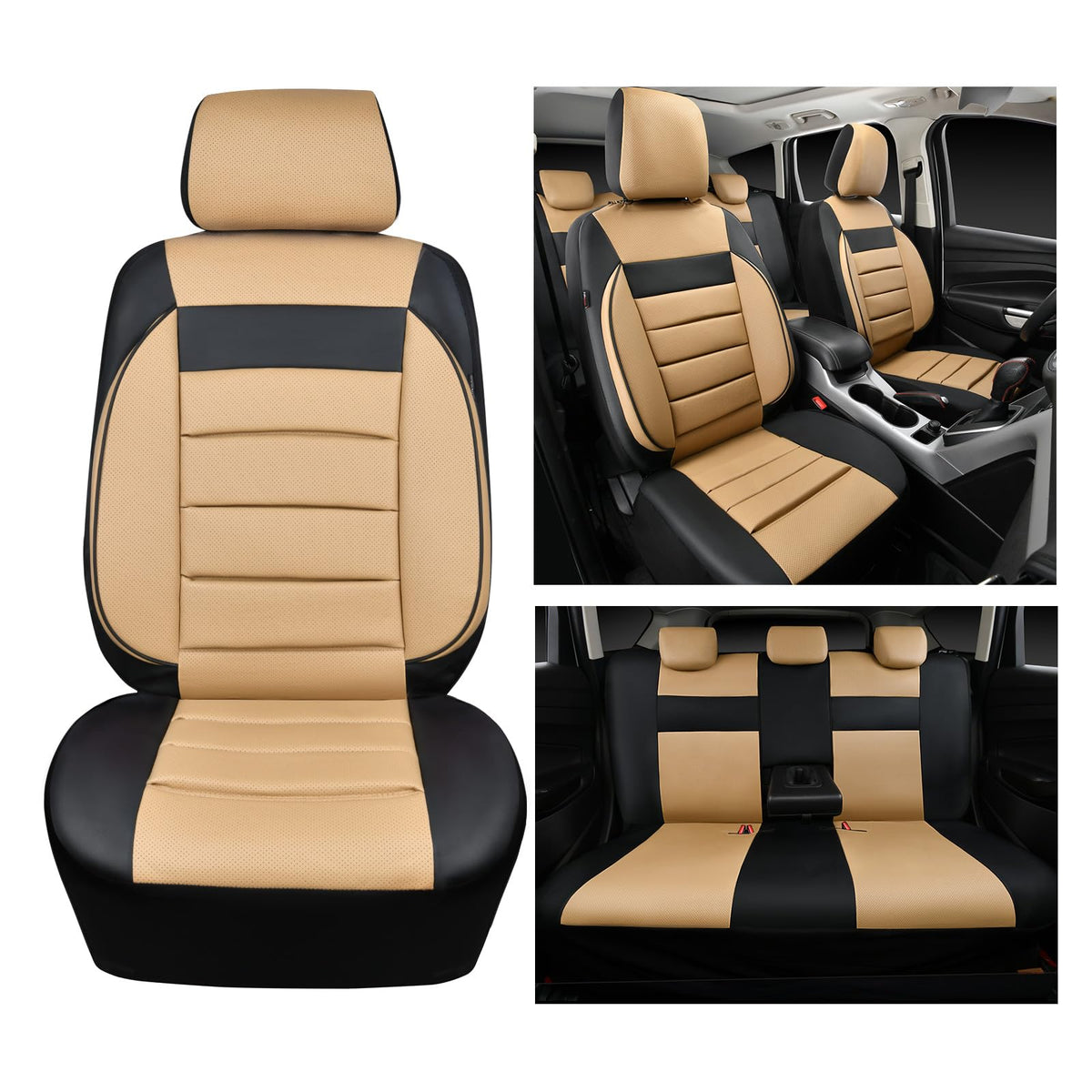 Leather Seat Covers Full Set Universal Water Resistant Beige Black I607508