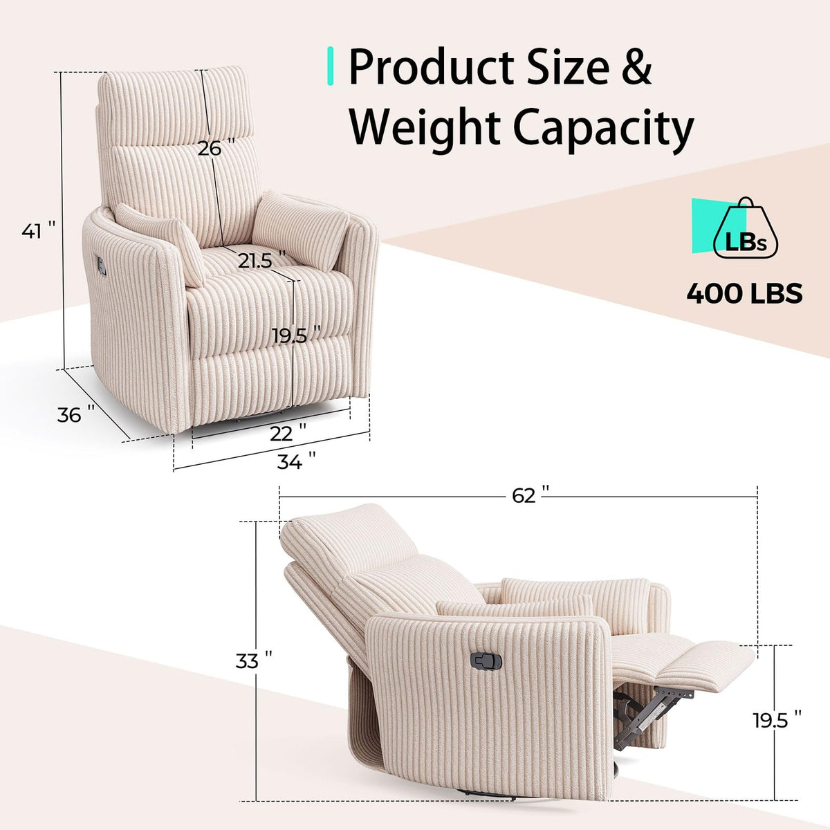 360 Swivel Recliner Chair with 2 Pillows Beige Corduroy N5405
