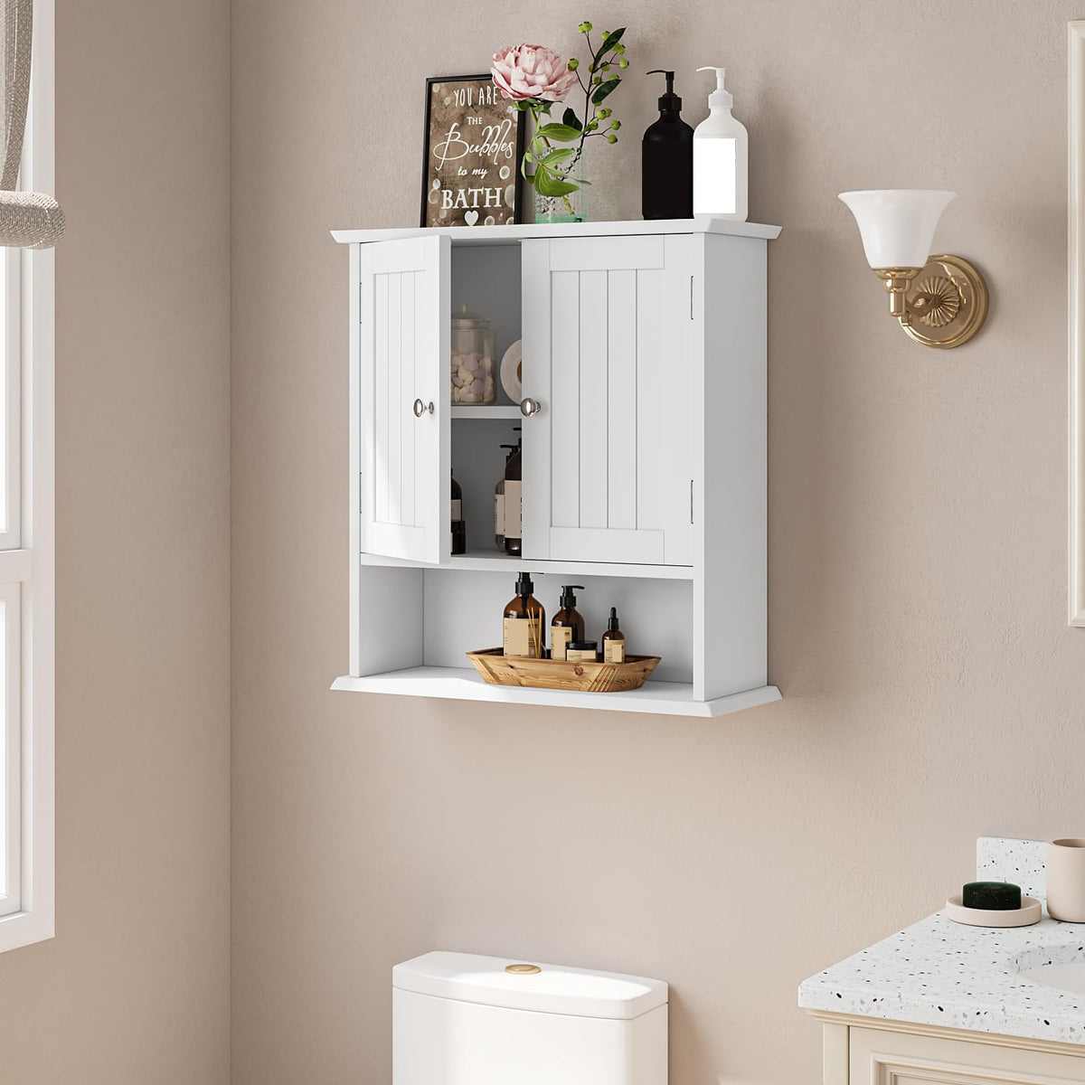 Wall Mount Bathroom Cabinet with 2 Doors and Open Shelf A71976