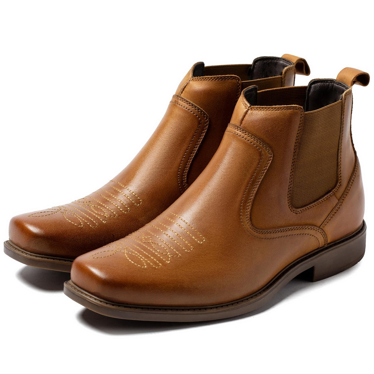 Cowboy Boots for Men Square Toe Leather Ankle Western Chelsea Slip On Boots E944